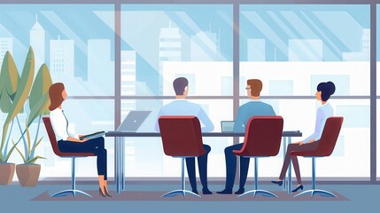 Business meeting with four people sitting at a table in an office with a city view outside the window