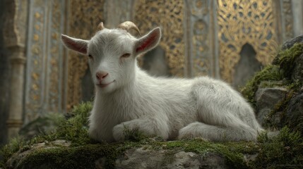 Obraz premium White goat kid resting on mossy rocks in a historical structure.