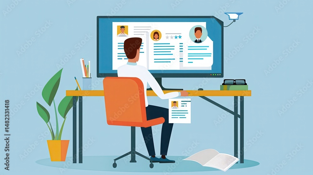 Poster a person reviewing resumes on a computer screen in an office with a plant and desk lamp visible