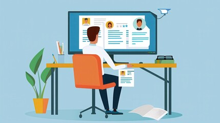 Fototapeta premium A person reviewing resumes on a computer screen in an office with a plant and desk lamp visible