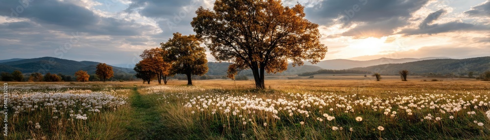 Poster blowing in the wind on hill with dandelion and sunrise concept. scenic view of an open meadow with b