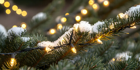 Snowy Christmas Pine with Golden Lights