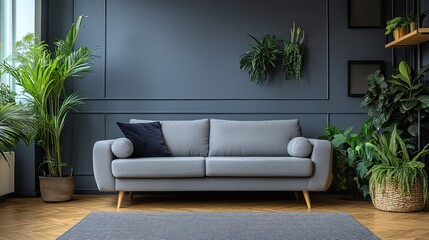 A stylish living room interior with house plants.