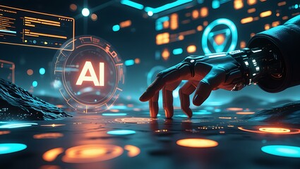 A Futuristic Robotic technology Hand Interacting with Holographic Interfaces in a High-Tech Digital computer Environment background.