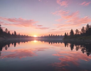 Fototapeta premium Pastel sunset over a glassy lake, mirroring the sky , outdoors, purple