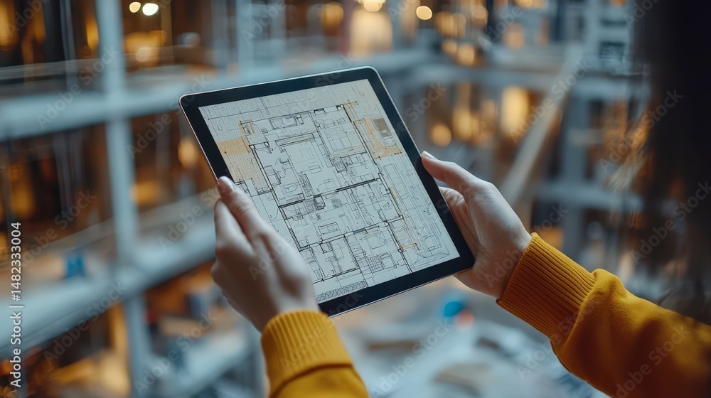 Poster architect hand on tablet with architect working blueprints digital floor plan displayed