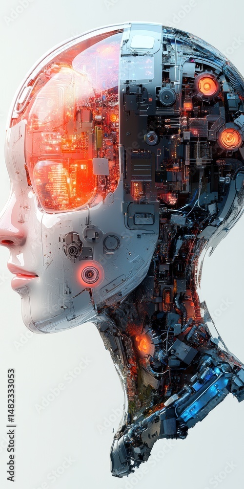 Poster mechanical humanoid with exposed inner systems and translucent skull