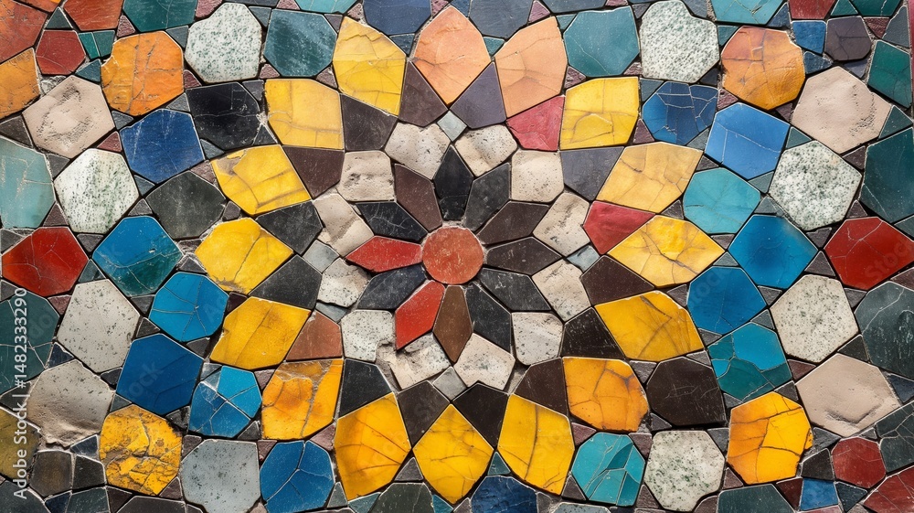 Poster vibrant mosaic design featuring abstract shapes and colors on a textured background