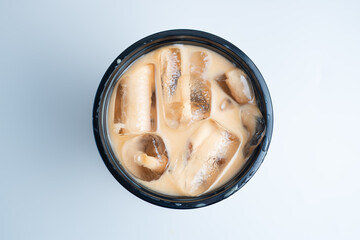 Iced coffee on cup. top of view. 