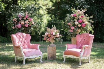 Pink armchairs & lush floral arrangements in a garden setting