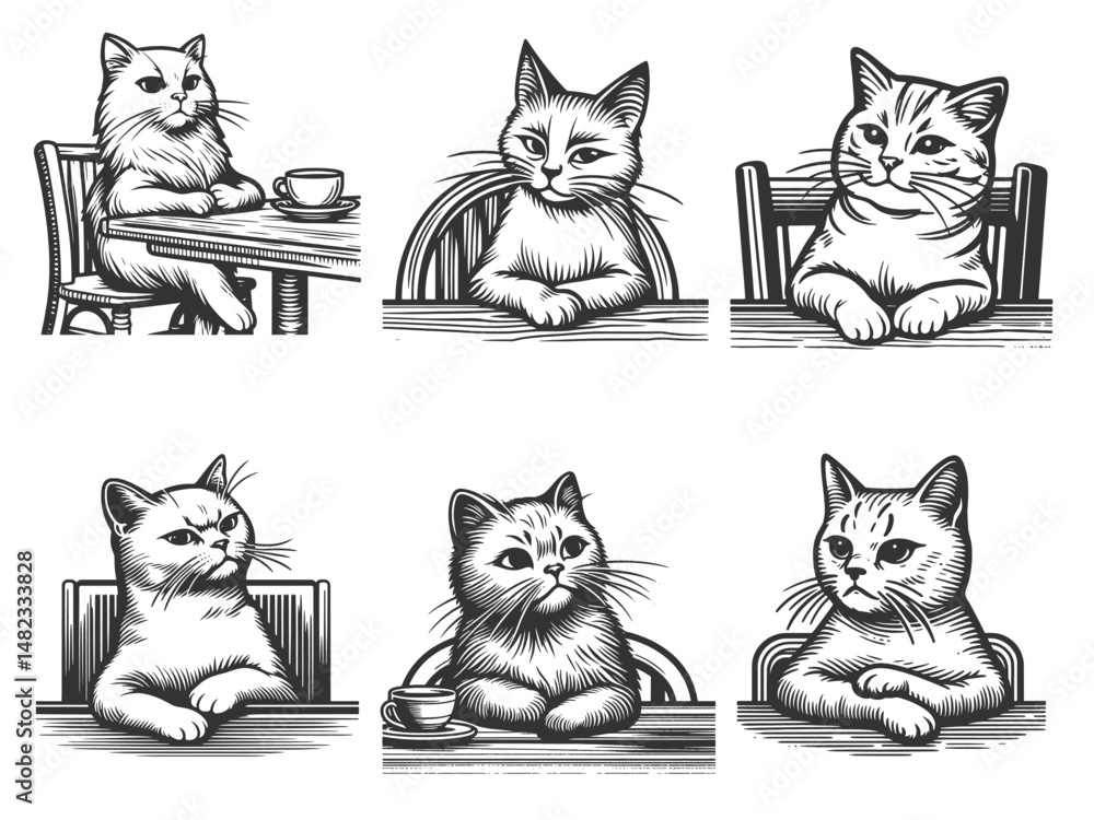 Poster cats sitting at tables, looking relaxed and sipping coffee, with charming and humorous expressions s