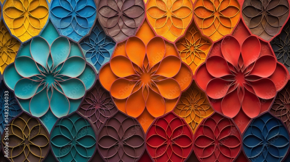 Poster colorful abstract mosaic featuring floral patterns with intricate designs in multiple shades