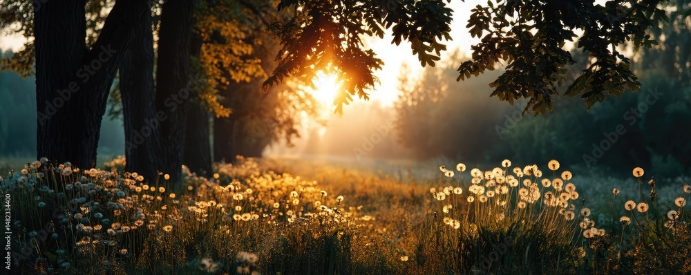 Poster blowing in the wind across field with leaves and dandelion concept. sunlight filters through trees o