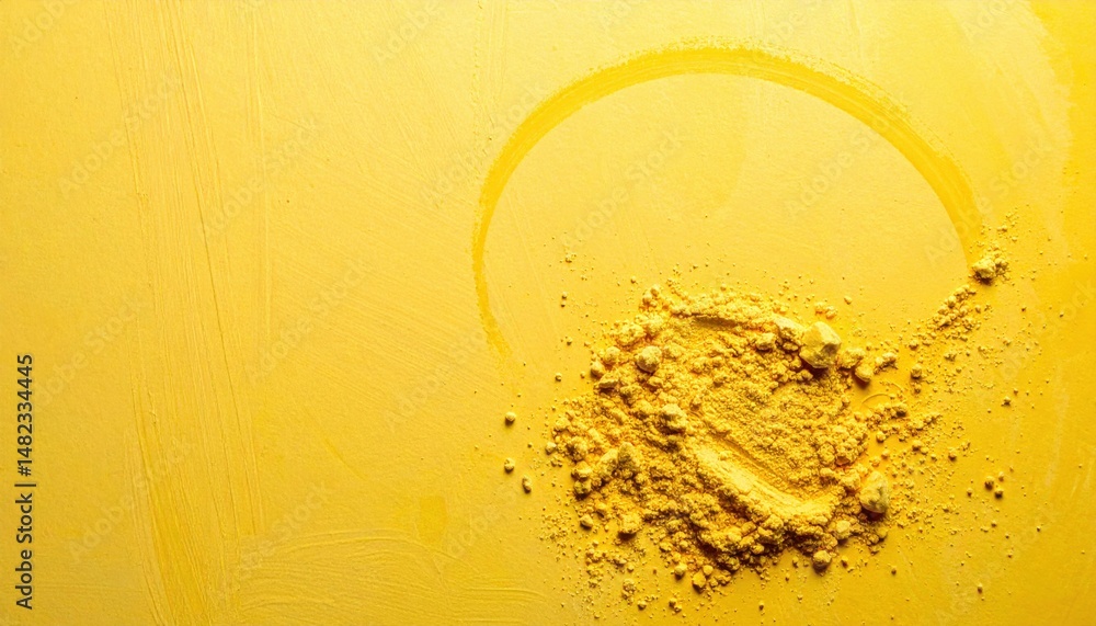 Poster dynamic action of yellow powder on vibrant surface studio setting high-angle view abstract concept