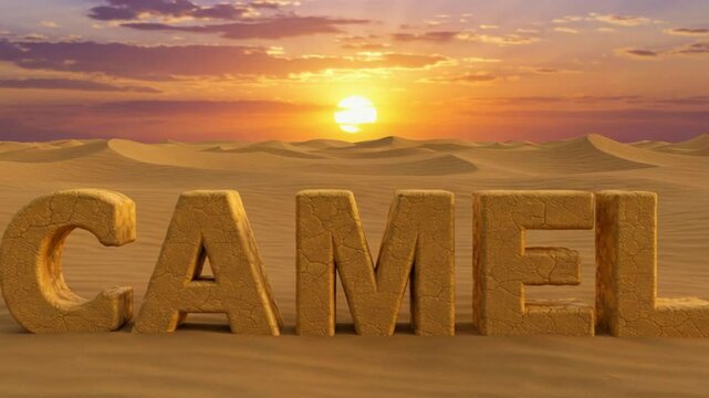 3D sandy text 'CAMEL' with desert setting and sunset &mdash; resilient and calm.