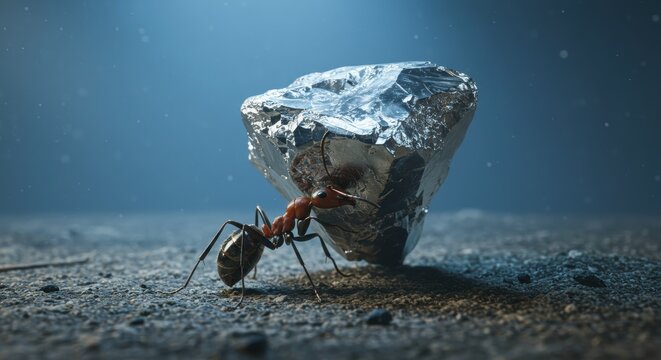 Tiny ant struggling to carry large silver crystal across rough ground