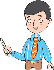 Cartoon male teacher with pen in hand teaching a lesson.