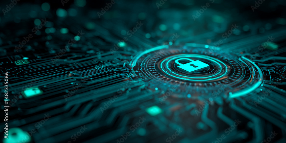 Poster cybersecurity concept image featuring a glowing padlock icon within a circular interface on a circui