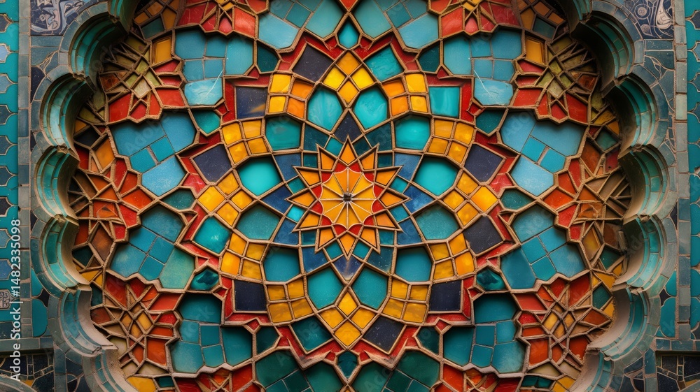 Poster mosaic artwork featuring vibrant abstract patterns and colors with intricate designs