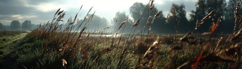 Fototapeta premium Blowing in the wind over strong grass with sunrise sky concept. Serene landscape with tall grass by a misty river under soft light.