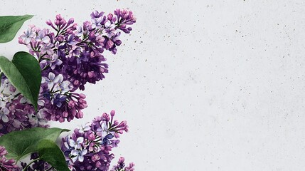 Purple lilac blooms artfully arranged, creating a delicate floral accent against a soft, textured background. Watercolor effect, copy space.