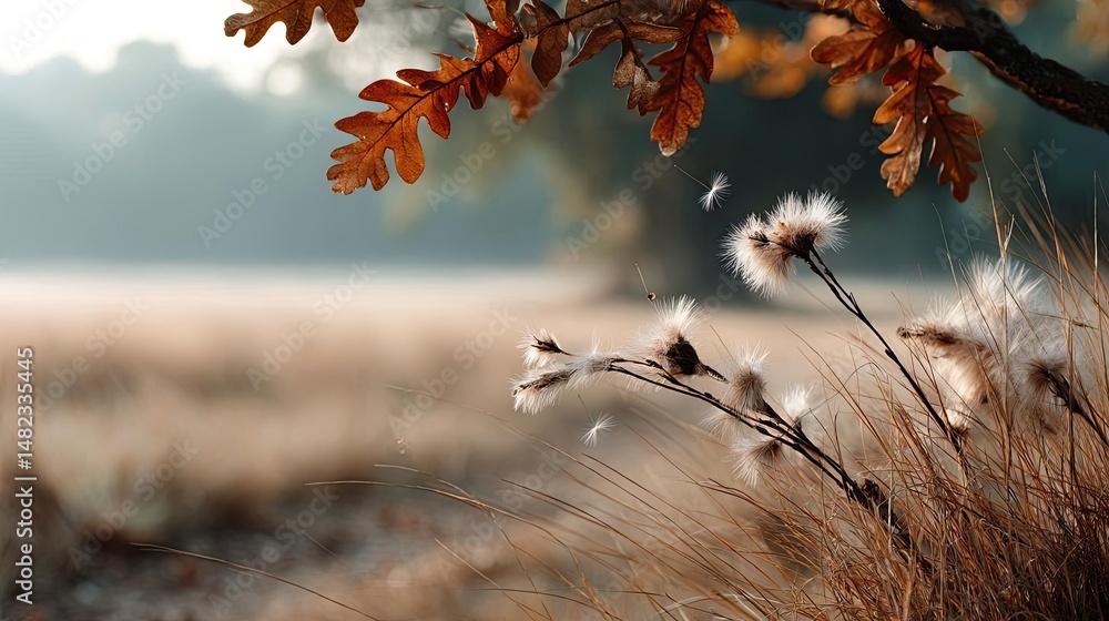 Poster blowing in the wind across field with leaves and dandelion concept. a serene autumn landscape with f