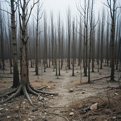 A deforested landscape, with bare trees and empty ground, showing the long-term harm caused to the environment