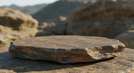 Flat stone resting on rocky landscape with distant mountains under clear sky