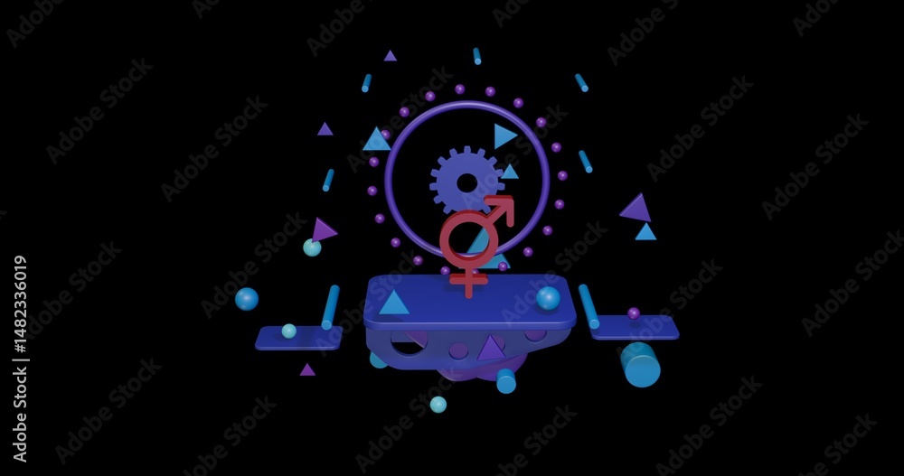 Poster red bigender symbol on a pedestal of abstract geometric shapes floating in the air. abstract concept