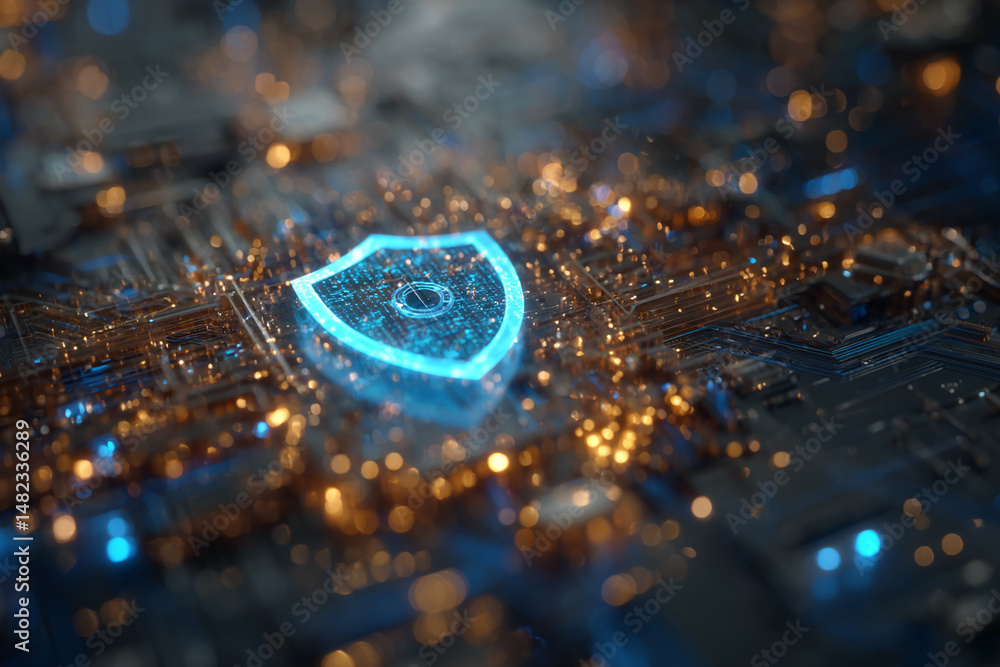 Poster glowing blue shield icon on dark circuit board background, symbolizing digital security and data pro