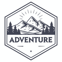 Adventure logo with mountains and pine trees in hexagonal design