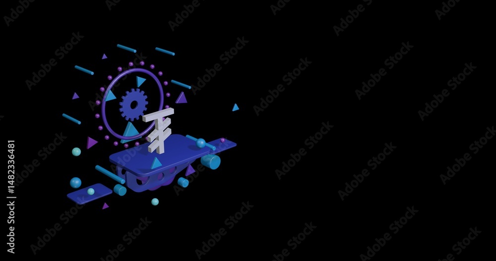 Poster white tugrik symbol on a pedestal of abstract geometric shapes floating in the air. abstract concept