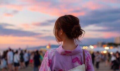 A beautiful Japanese woman in a yukata from behind under a vast sky with sunset and fireworks at a summer festival. Generative AI