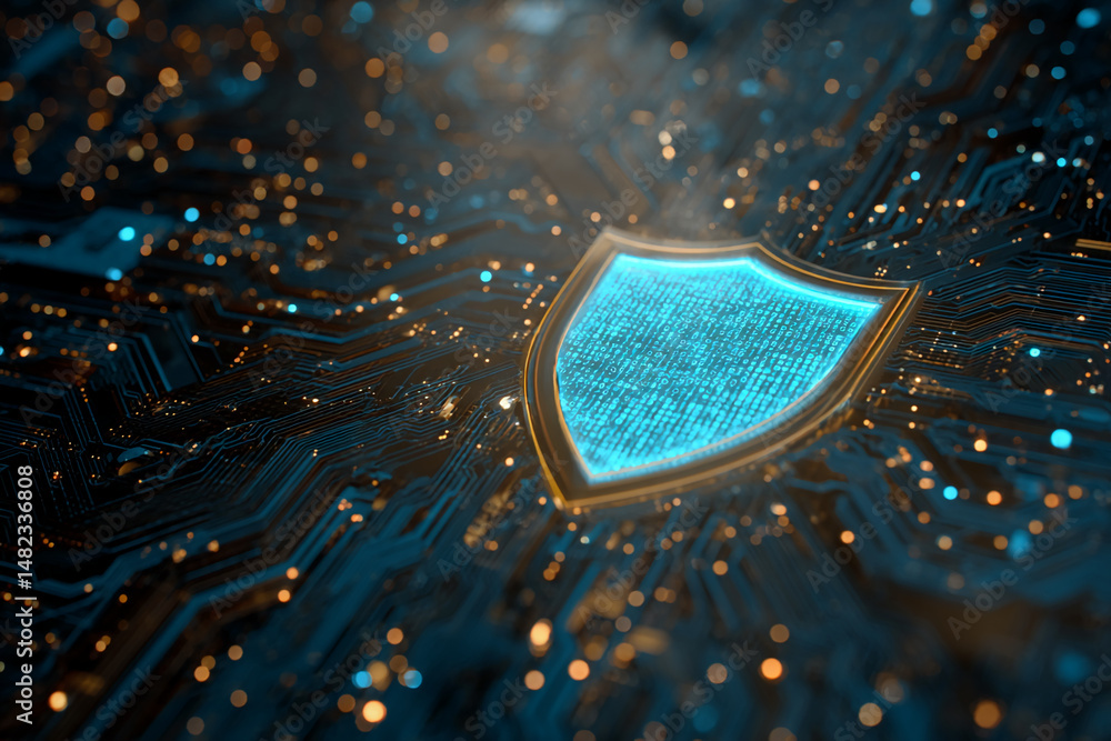 Poster glowing blue shield on dark circuit board, symbolizing digital security and data protection, ideal f