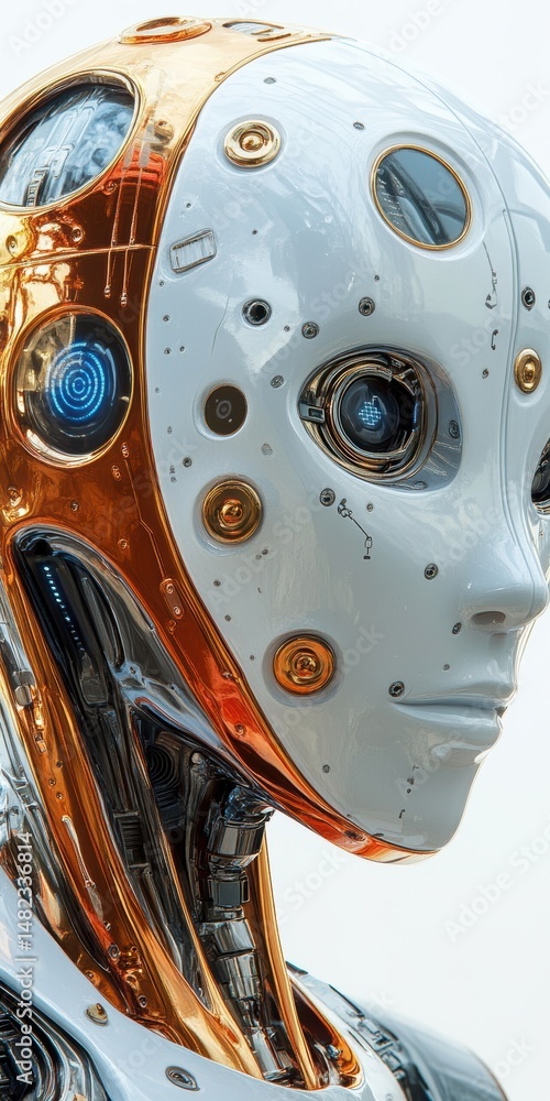 Poster close up of futuristic robotic android face with intricate metallic details