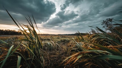 Fototapeta premium Blowing in the wind over strong grass with sunrise sky concept. A serene landscape featuring tall grass under dramatic clouds.