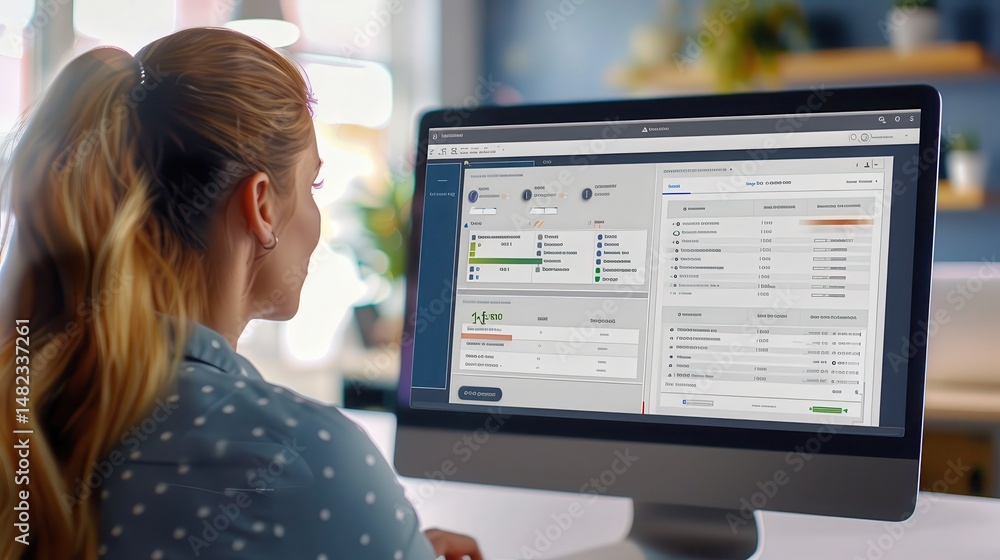 Aufkleber woman looking at a computer screen displaying charts and data in a bright and modern office space