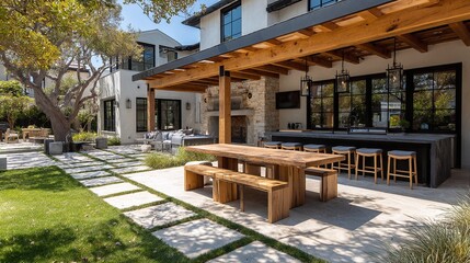 Fototapeta premium Luxury outdoor living space with a dining area, patio, and an outdoor kitchen. The patio features a path cutting through grass and leading to a large tree.