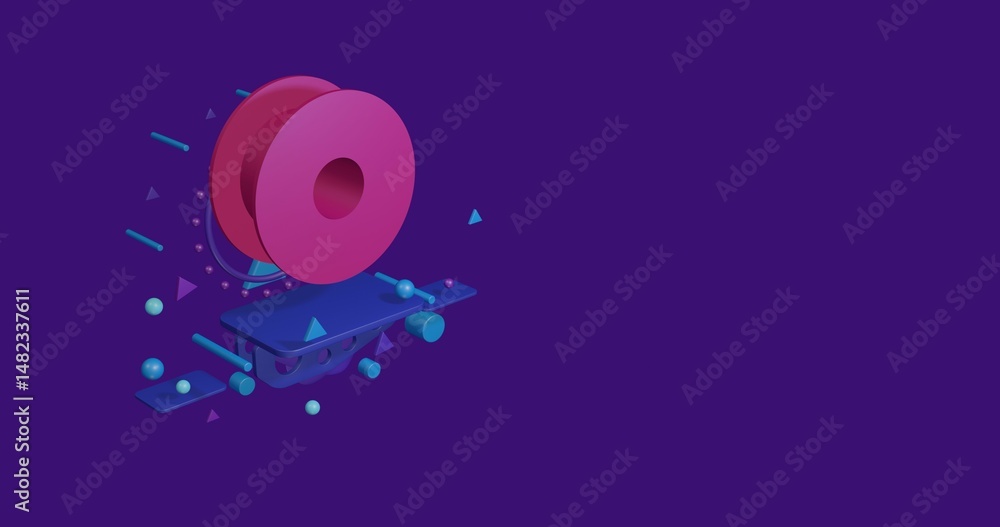 Poster pink 3d printing filament symbol on a pedestal of abstract geometric shapes floating in the air. abs