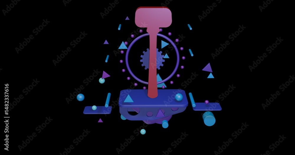 Aufkleber red mallet symbol on a pedestal of abstract geometric shapes floating in the air. abstract concept a