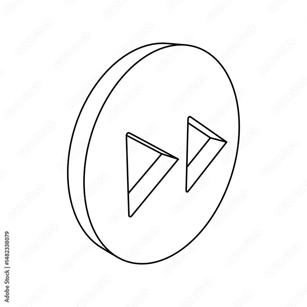 Poster the outline of a large fast forward symbol is made with black lines. 3d view of the object in perspe