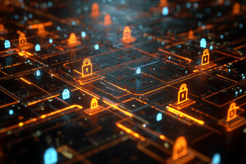 Fototapeta premium Abstract digital network with glowing orange and blue padlock icons, symbolizing cybersecurity, data protection, and network security