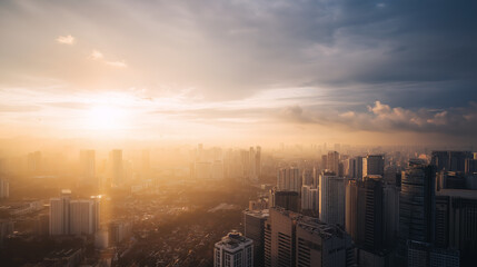 朝日が差し込む雲海に包まれた高層ビル群の都市風景