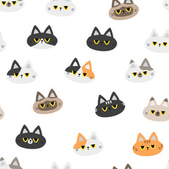 Seamless pattern with funny grumpy cat face on white background