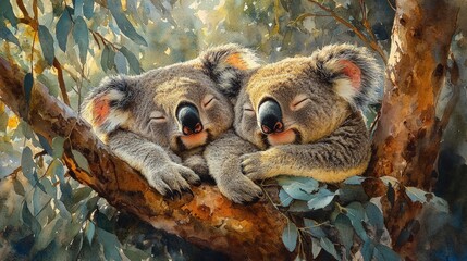 Obraz premium Two koalas nestled together in a eucalyptus tree, sleeping peacefully
