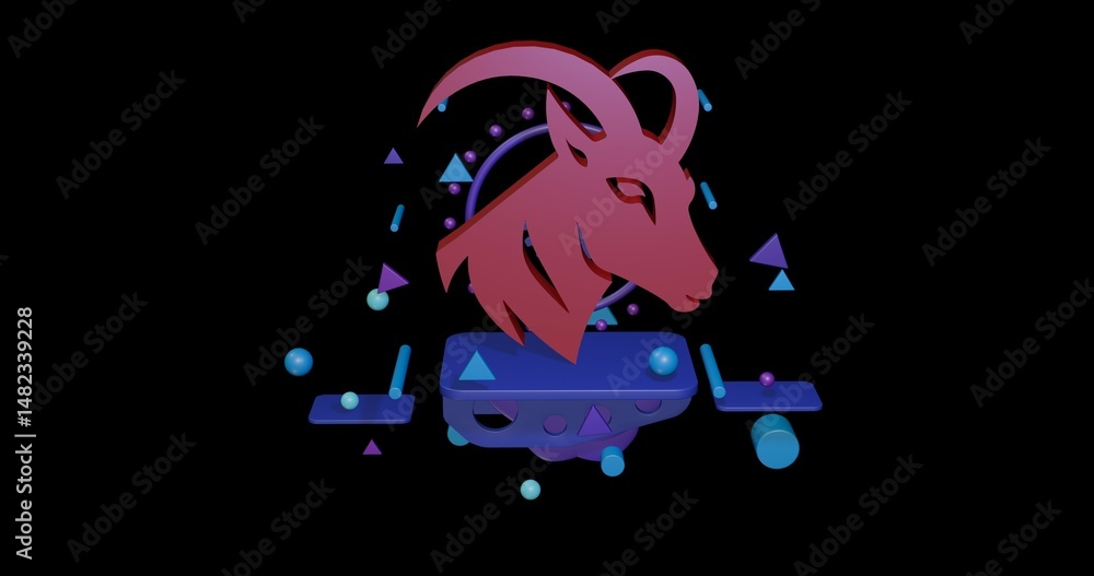 Aufkleber red goat's head symbol on a pedestal of abstract geometric shapes floating in the air. abstract conc