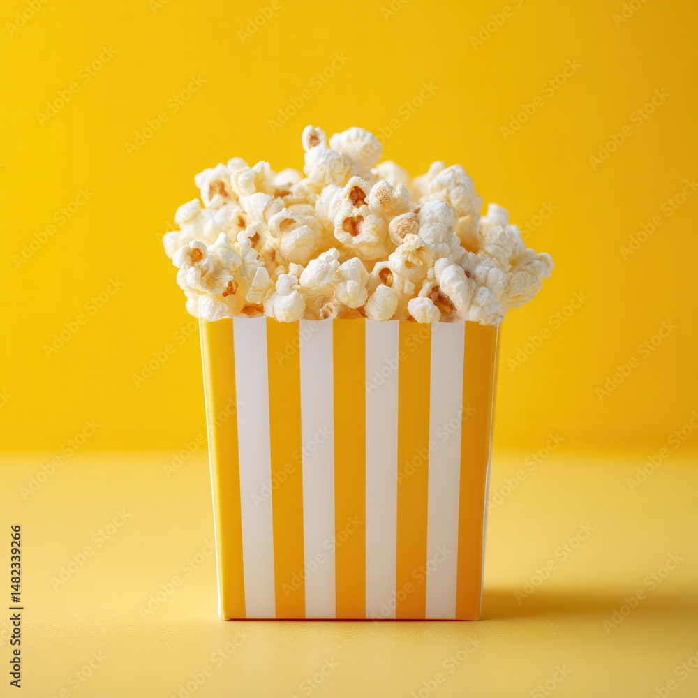 Aufkleber A container full of popcorn sits in front of a bright, sunny background. The container is made up of yellow and white vertical stripes.