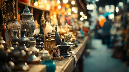 Middle eastern market with pottery and lanterns for colorful exotic cultural shopping tradition scene