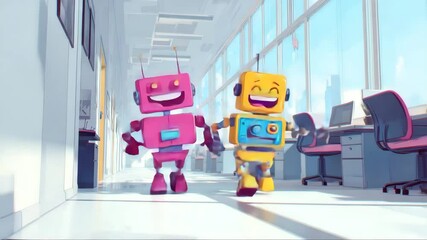 Cartoon robots runing in office hallway, representing AI-first company with artificial intelligence integration