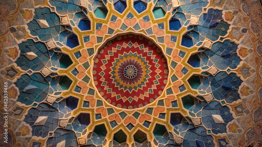 Poster colorful mosaic art with intricate patterns creating an abstract background effect in a decorative d